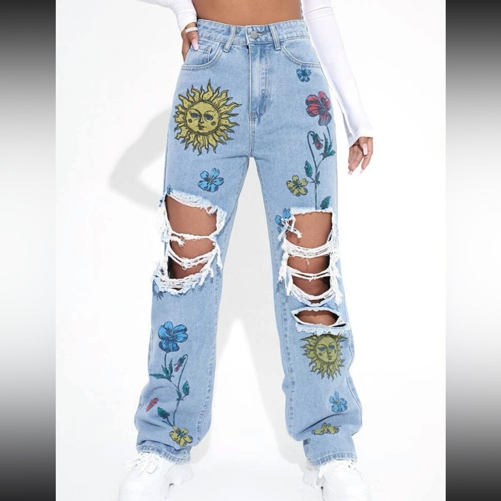 Blue straight leg jeans high waist jeans high rise